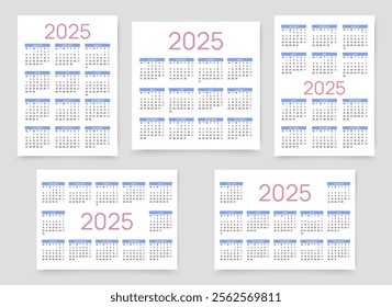 2025 year calendar. Calender template. Week starts Monday. Layout grid of year planner. Yearly organizer with 12 months. Pocket or wall formats in English. Vector illustration. Color design   