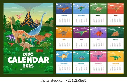 Calendario de 2025. Personajes de dinosaurios prehistóricos de dibujos animados. La página de Plantilla de Vector con cada mes muestra especies de animales reptiles dino contra un antiguo paisaje de la era del Jurásico y un volcán en erupción