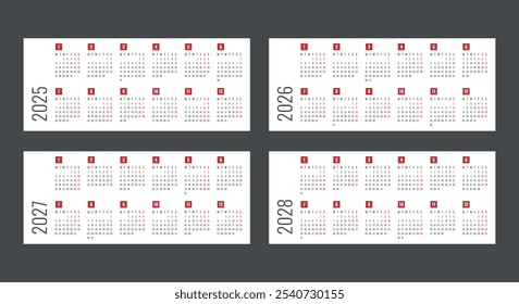2025 year calendar, calendar design for 2025 2026 2027 2028 starts monday