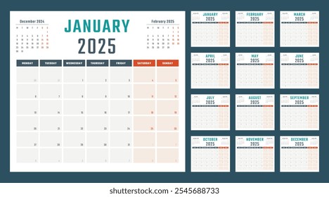 2025 year calendar, calendar design for 2025 starts monday