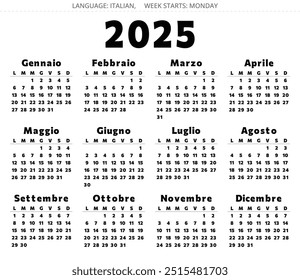 Calendario de 2025. Italiano. Con 12 meses. Ilustración vectorial imprimible en color negro para Italia