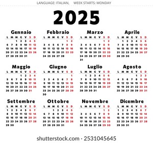 2025 year calendar. Italian. With 12 months. Printable vector illustration in black and red color for Italy