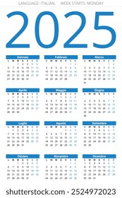 2025 year calendar. Italian language. 12 months. Printable vector illustration for Italy - Calendario italiano