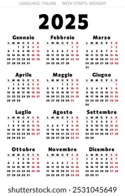 2025 year calendar. Italian language. With 12 months. Printable vector illustration in black and red colors for Italy