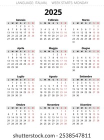 2025 year calendar. Italian language. 12 months. Printable and editable vector illustration for Italy - Calendario