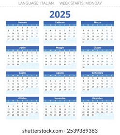 2025 year calendar. Italian language. 12 months. Printable vector illustration in blue color for Italy