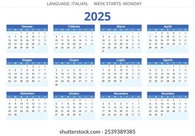 Calendário anual de 2025. Idioma italiano. 12 meses. Ilustração de vetor imprimível em cor azul para Itália