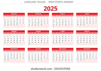 2025 year calendar. Italian language. 12 months. Printable vector illustration in red color for Italy