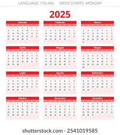 2025 year calendar. Italian language. 12 months. Printable vector illustration in red color for Italy