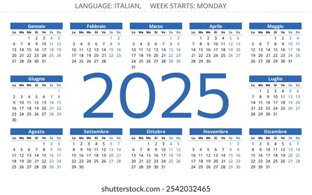 2025 year calendar (Italian language). Printable vector illustration for Italy - Calendario. Number in center. 