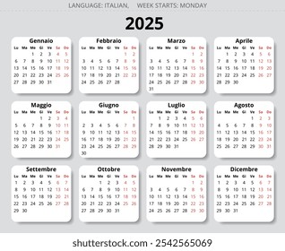 2025 year calendar. Italian language. With 12 months. Vector illustration for Italy - Calendario