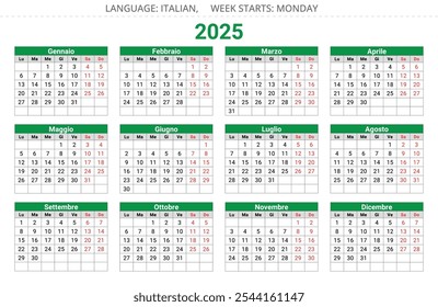 2025 year calendar. Italian language. 12 months. Vector illustration for Italy - Calendario