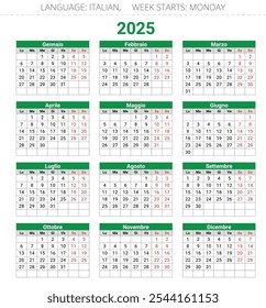 2025 year calendar. Italian language. 12 months. Vector illustration for Italy - Calendario