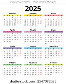 Calendário anual de 2025. Idioma italiano. Ilustração vetorial para Itália - Calendario