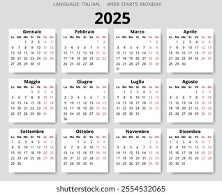 2025 year calendar. Italian language. With 12 months. Vector illustration for Italy - Calendario