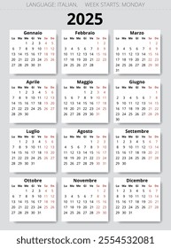 2025 year calendar. Italian language. With 12 months. Vector illustration for Italy - Calendario