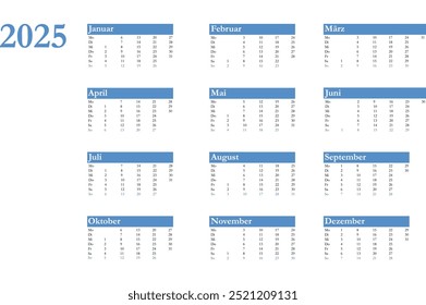 2025 year calendar layout. Desk planner template with 12 months. Week starts Monday. Organizer in Germany. Vector illustration