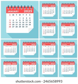 2025 year Calendar Leaves Flat Set - Illustration. All monthes