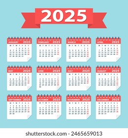 2025 year Calendar Leaves Flat Set - Illustration. All monthes