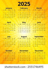 2025 year calendar. Modern vector template illustration with yellow sun rays background