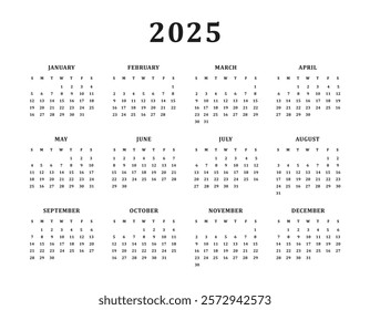 2025 year calendar on white background. All 12 months event planner print template vector illustration