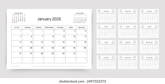 2025 year calendar. Planner calender template. Week starts Sunday. Table schedule grid with 12 month. Yearly stationery organizer. Horizontal monthly diary layout. Vector simple illustration