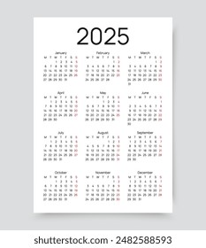 2025 year calendar. Pocket wall calender layout. Week starts Monday. Yearly organizer with 12 month in English. Scheduler template in minimal design. Portrait orientation, A4. Vector illustration