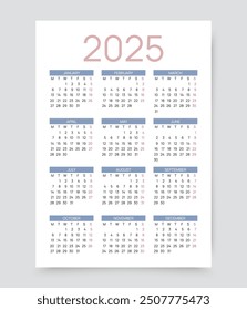 Jahreskalender 2025. Taschenwandkalender-Layout. Die Woche beginnt am Montag. Jährlicher Organisator mit 12 Monaten auf Englisch. Planungsvorlage in minimalem Design. Vektorgrafik. Hochformat, A4