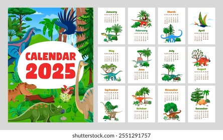 Calendário de 2025 com personagens pré-históricos de dinossauros, layout de modelo vetorial. calendário 2025 ano com grade de mês e animais dino engraçados, lagartos e répteis da era Jurássica no parque florestal da selva