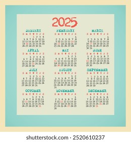 2025 Year Calendar Retro. Week Starts on Sunday. Simple Planner Template with 12 Month. Vector Illustration