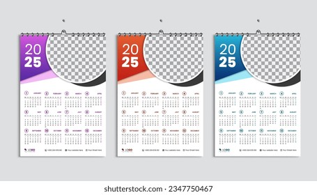 2025 Year Calendar, Week Starts From Monday, Simple and Minimal Calendar Vector Layout Set, English Annual Stationery Organizer Wall Calendar Template 12 Months, Purple, Orange, Green Colors Bundle