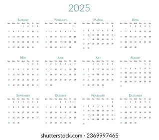 2025 year calendar. The week starts on Sunday. Desk planner template with 12 months. Yearly stationery diary. Vector illustration