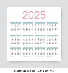 2025 year calendar. Yearly calender template. Week starts Sunday. Organizer grid with 12 months. Calendar layout in square simple design in English. Vector illustration.