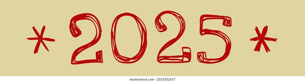 2025 year. Crooked, sloppily drawn christmas illustration sketch. Vector lettering