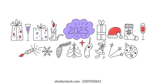 2025 year, doodle icons. Christmas, holiday, New Year. Holiday design, vector cartoon drawings. Christmas trees, gifts, Santa hat, candle. Wine, champagne in glasses.