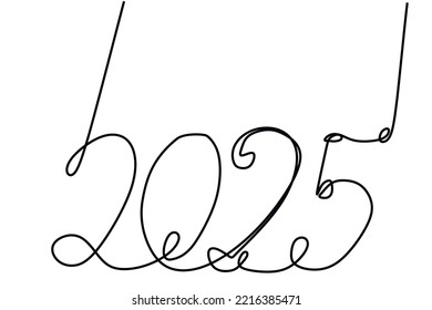 2025 year. Drawing one line  isolated on a white background.
Simple linear style for winter design greeting card and web banner. Doodle Vector illustration
