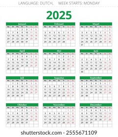 2025 year dutch calendar, vector illustration for Dutch, 12 months kalender