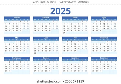 2025 year dutch calendar, vector illustration for Dutch (kalender)