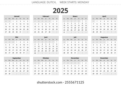 2025 year dutch calendar. Vector illustration for Dutch. 12 months kalender