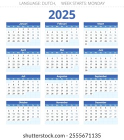 2025 year dutch calendar, vector illustration for Dutch (kalender)