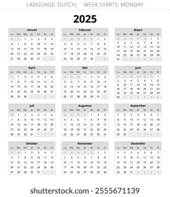 2025 year dutch calendar. Vector illustration for Dutch. 12 months kalender