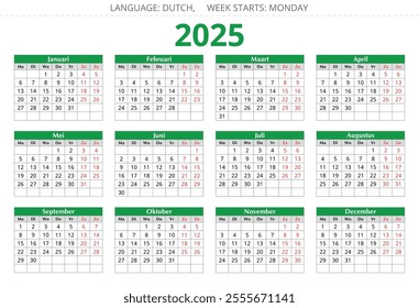 2025 year dutch calendar, vector illustration for Dutch, 12 months kalender