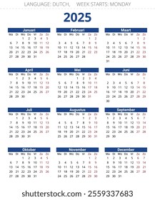 2025 year dutch calendar. Vector illustration in colors of flag of Netherlands. 12 months kalender