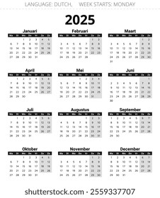 2025 year dutch calendar. Vector illustration in dark colors. 12 months kalender for Netherlands