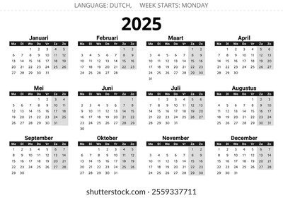 2025 year dutch calendar. Vector illustration in dark colors. 12 months kalender for Netherlands