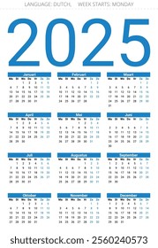 2025 year dutch calendar. Vector illustration. 12 months kalender for Netherlands