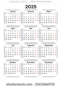 2025 year dutch calendar. Vector illustration. 12 months with shadow kalender for Netherlands