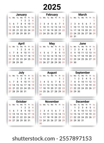 2025 year english calendar with 12 months. Modern vector illustration. Week starts Sunday