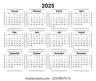 2025 year english calendar with 12 months. Modern vector illustration. Week starts Sunday