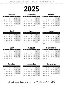 2025 year english calendar with 12 months. Vector illustration. Week starts monday